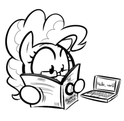 Size: 590x576 | Tagged: safe, artist:shoutingisfun, pinkie pie, earth pony, pony, g4, book, c (language), computer, female, glasses, hello world, hoof hold, k&r, laptop computer, mare, monochrome, programming, reading, solo, wide eyes