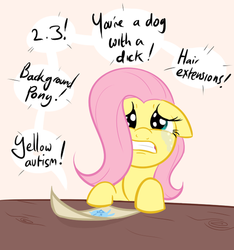 Size: 500x535 | Tagged: safe, artist:shoutingisfun, fluttershy, pegasus, pony, g4, ableism, abuse, artist is a duck, autism, autism spectrum disorder, autistic fluttershy, background pony strikes again, bully, bullying, crying, female, floppy ears, flutterbuse, headcanon, implied futashy, implied pet play, implied transgender, insult, mare, neurodivergent, neurodivergent headcanon, op is a duck, op is trying to start shit, op is worst op, shitposting, solo