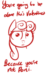 Size: 602x964 | Tagged: safe, artist:shoutingisfun, bon bon, sweetie drops, earth pony, pony, g4, bon bon is not amused, female, mare, monochrome, simple background, solo, text, valentine, white background