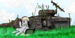 Size: 900x458 | Tagged: safe, artist:madhotaru, derpy hooves, pegasus, pony, g4, bygone civilization, female, headphones, mare, panzer iv, radio, tank (vehicle)