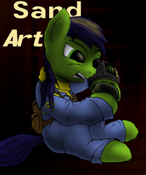 Size: 1800x2160 | Tagged: safe, artist:aaronmk, oc, oc only, oc:scotch tape, pony, fallout equestria, fallout equestria: project horizons, clothes, fanfic, fanfic art, female, filly, hooves, jumpsuit, mare, pipbuck, sand, sand art, solo, vault suit