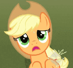 Size: 320x299 | Tagged: safe, screencap, applejack, earth pony, pony, g4, the super speedy cider squeezy 6000, animated, cropped, female, frown, hub logo, hubble, invisible stallion, looking at you, mare, on back, open mouth, out of context, solo, sweat, the hub