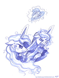 Size: 600x800 | Tagged: safe, artist:kp-shadowsquirrel, princess celestia, princess luna, alicorn, pony, g4, angry, biting, cake, duo, eyes closed, female, fight, food, hair bite, magic, mare, monochrome, sketch, telekinesis