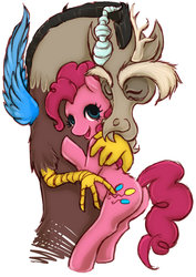 Size: 600x849 | Tagged: safe, artist:ronniesponies, discord, pinkie pie, g4, female, hug, male, ship:discopie, shipping, straight