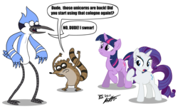 Size: 1280x784 | Tagged: safe, artist:glamourkat, rarity, twilight sparkle, pony, unicorn, g4, crossover, female, male, mare, mordecai, mordecai and rigby, regular show, rigby (regular show), simple background, transparent background, unicorn twilight
