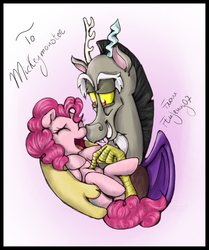 Size: 600x718 | Tagged: safe, artist:feujenny07, discord, pinkie pie, g4, female, male, ship:discopie, shipping, straight, tickling