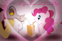 Size: 1024x683 | Tagged: safe, artist:deathsock, discord, pinkie pie, g4, chocolate milk, female, heart, hearts and hooves day, looking at each other, love, male, ship:discopie, shipping, straight