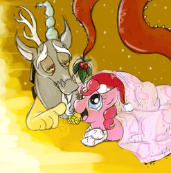 Size: 897x909 | Tagged: dead source, safe, artist:deathsock, discord, pinkie pie, g4, christmas, clothes, female, hat, hearth's warming eve, holly, holly mistaken for mistletoe, interspecies, love, male, santa hat, ship:discopie, shipping, socks, straight