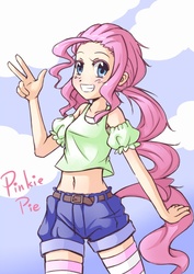 Size: 620x876 | Tagged: safe, artist:矢羽夜影, pinkie pie, human, g4, anime, anime style, clothes, female, humanized, pigtails, pixiv, shirt, shorts, socks, solo, striped socks, tailed humanization