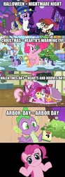 Size: 450x1204 | Tagged: safe, edit, edited screencap, screencap, apple bloom, applejack, cheerilee, pinkie pie, pipsqueak, rainbow dash, rarity, scootaloo, spike, sweetie belle, twilight sparkle, dragon, pony, g4, hearth's warming eve (episode), hearts and hooves day (episode), lesson zero, luna eclipsed, arbor day, calendar, caption, clothes, comic, cosplay, costume, dragon costume, dragonception, female, hearth's warming eve, hearts and hooves day, logic, male, mare, meta, nightmare night, nightmare night costume, screencap comic, shrug, star swirl the bearded costume, twilight the bearded