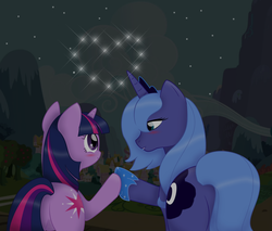 Size: 3358x2862 | Tagged: safe, artist:veriana, princess luna, twilight sparkle, alicorn, pony, unicorn, g4, blushing, female, heart, high res, hoofbump, lesbian, mare, night, s1 luna, ship:twiluna, shipping, stars, unicorn twilight