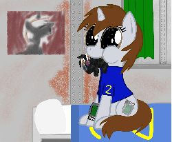 Size: 1200x991 | Tagged: safe, artist:keanno, oc, oc only, oc:littlepip, oc:velvet remedy, pony, unicorn, fallout equestria, animated, bed, chewing, clothes, doll, fanfic, fanfic art, female, gif, jumpsuit, mare, pillow, pipbuck, vault suit
