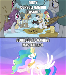 Size: 625x703 | Tagged: safe, princess celestia, g4, adventure in the comments, glorious master race, image macro, pc, peasant, pun, video game, zero punctuation