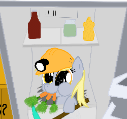 Size: 1129x1062 | Tagged: safe, artist:keanno, derpy hooves, pegasus, pony, g4, animated, carrot, chewing, cute, derpabetes, diamond pickaxe, dilated pupils, eye shimmer, female, hard hat, hat, headlamp, helmet, i emptied your fridge, looking at you, mare, minecraft, mining helmet, pony in fridge, puffy cheeks, refrigerator, smiling, solo, sparkles, wingding eyes