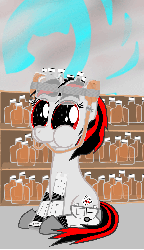 Size: 777x1344 | Tagged: safe, artist:keanno, oc, oc only, oc:blackjack, cyborg, pony, unicorn, fallout equestria, fallout equestria: project horizons, alcohol, amputee, animated, bottle, cutie mark, cybernetic legs, drinking, drinking hat, fanfic, fanfic art, female, gif, hat, hooves, horn, level 1 (project horizons), mare, queen whiskey, sitting, solo, whiskey