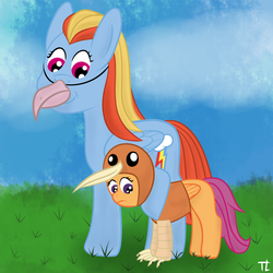 Size: 900x900 | Tagged: safe, artist:php192, rainbow dash, scootaloo, doduo, pidgeot, g4, crossover, pokémon