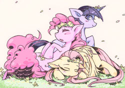 Size: 1053x744 | Tagged: safe, artist:moyamoya kuroi, fluttershy, pinkie pie, twilight sparkle, earth pony, pegasus, pony, unicorn, g4, cute, eyes closed, female, floppy ears, floral head wreath, flower, flower in hair, mare, open mouth, pixiv, pony pile, sleeping, trio, unicorn twilight