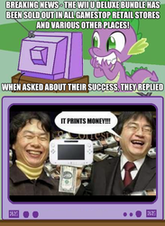 Size: 439x600 | Tagged: safe, spike, dragon, human, g4, exploitable meme, harsher in hindsight, irl, irl human, it prints money, meme, nintendo, photo, satoru iwata, shigeru miyamoto, tv meme, vector, wii u, wii u gamepad