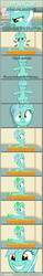 Size: 1063x6796 | Tagged: safe, artist:tritebristle, lyra heartstrings, pony, unicorn, comic:heartstrings, g4, comic, cup, hand, happy, magic, magic hands, pencil, squee, straw, table