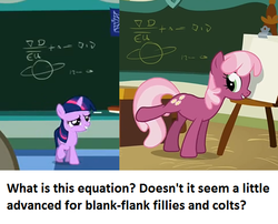 Size: 538x434 | Tagged: safe, edit, edited screencap, screencap, cheerilee, twilight sparkle, pony, unicorn, call of the cutie, g4, the cutie mark chronicles, calibri, chalkboard, female, filly, filly twilight sparkle, math, meta, ponyville schoolhouse, text, unicorn twilight, younger