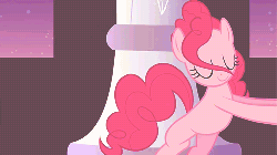 Size: 500x281 | Tagged: safe, screencap, pinkie pie, earth pony, pony, g4, season 2, sweet and elite, animated, bipedal, bipedal leaning, female, leaning, partillery, party cannon, solo, sunburst background