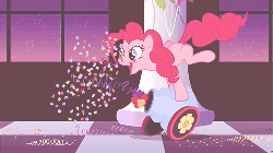 Size: 500x281 | Tagged: safe, screencap, pinkie pie, earth pony, pony, g4, season 2, sweet and elite, animated, balloon, confetti, decoration, female, partillery, party cannon, solo, streamers