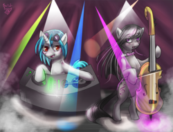 Size: 921x704 | Tagged: safe, artist:php154, dj pon-3, octavia melody, vinyl scratch, g4, bipedal, bow (instrument), cello, cello bow, duo, musical instrument