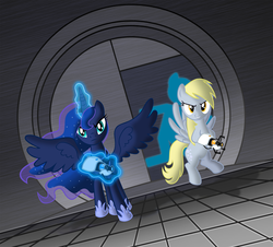 Size: 3000x2706 | Tagged: safe, artist:zantyarz, derpy hooves, princess luna, pegasus, pony, gamer luna, g4, female, high res, mare, portal (valve), portal 2