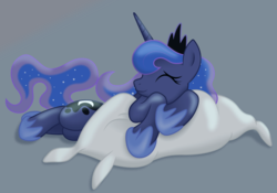 Size: 5000x3500 | Tagged: safe, artist:yanoda, princess luna, alicorn, pony, g4, absurd resolution, eyes closed, female, jewelry, lying down, mare, pillow, regalia, simple background, sleeping, smiling, snuggling, solo