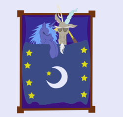 Size: 900x857 | Tagged: safe, artist:piotrb5e3, discord, princess luna, draconequus, pony, g4, bed, female, male, mare, ship:lunacord, shipping, sleeping, straight