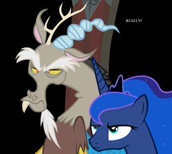 Size: 1628x1456 | Tagged: safe, artist:nukarulesthehouse1, discord, princess luna, g4, unamused