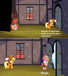 Size: 640x721 | Tagged: safe, edit, edited screencap, screencap, applejack, chancellor puddinghead, pinkie pie, smart cookie, g4, hearth's warming eve (episode), my little pony: friendship is magic, calibri, comic, hearth's warming eve