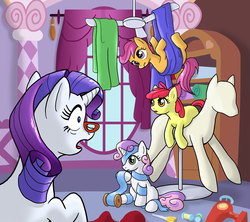 Size: 1800x1600 | Tagged: safe, artist:muffinshire, apple bloom, rarity, scootaloo, sweetie belle, g4, carousel boutique, ceiling fan, cutie mark crusaders, derp, glasses, mannequin, open mouth, scootaderp, scrunchy face, wide eyes