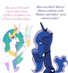 Size: 1400x1500 | Tagged: safe, artist:drsyke, princess celestia, princess luna, g4, hamlet, simple background, william shakespeare