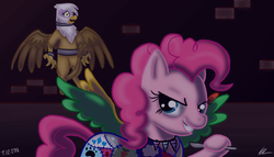 Size: 1323x755 | Tagged: safe, artist:aspellgoof, gilda, pinkie pie, earth pony, griffon, pony, fanfic:cupcakes, g4, abuse, cutie mark dress, duo, gildabuse, horn, horn necklace, necklace, severed horn