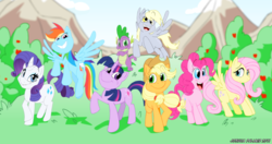 Size: 1900x1003 | Tagged: safe, artist:zeurel, applejack, derpy hooves, fluttershy, pinkie pie, rainbow dash, rarity, spike, twilight sparkle, pegasus, pony, g4, female, mane seven, mare