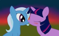 Size: 6947x4321 | Tagged: safe, artist:deathshadow1991, trixie, twilight sparkle, pony, unicorn, g4, absurd resolution, duo, eyes closed, female, kiss on the lips, kissing, lesbian, ship:twixie, shipping