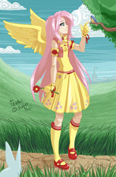 Size: 600x916 | Tagged: safe, artist:satrathai, fluttershy, human, g4, clothes, dress, duo, humanized, old version, winged humanization