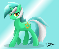 Size: 963x805 | Tagged: safe, artist:zyncrus, lyra heartstrings, pony, unicorn, g4, abstract background, female, lidded eyes, mare, signature, smiling, solo