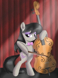 Size: 800x1067 | Tagged: safe, artist:mel-rosey, octavia melody, earth pony, pony, g4, bipedal, bow (instrument), cello, cute, female, hoof hold, mare, musical instrument, solo, tavibetes