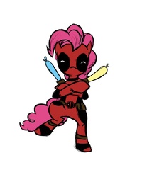Size: 614x768 | Tagged: safe, artist:sagasshi, pinkie pie, g4, balloon, clothes, cosplay, costume, deadpool, duo, gangnam style, marvel, pinkiepool