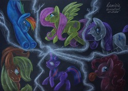 Size: 1000x711 | Tagged: safe, artist:kamisia, applejack, fluttershy, pinkie pie, rainbow dash, rarity, twilight sparkle, g4, glowing eyes, mane six