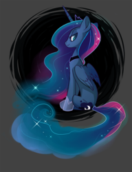 Size: 600x782 | Tagged: dead source, safe, artist:sambragg, princess luna, alicorn, pony, g4, female, looking at you, looking back, looking back at you, mare, sitting, solo