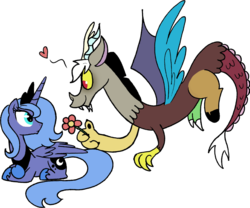Size: 1600x1332 | Tagged: safe, artist:strangiesleepy, discord, princess luna, alicorn, pony, g4, blushing, duo, female, floating, flower, frown, heart, male, prone, s1 luna, ship:lunacord, shipping, simple background, smiling, spread wings, straight, transparent background, younger