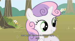 Size: 640x356 | Tagged: safe, screencap, sweetie belle, pony, unicorn, g4, the show stoppers, female, filly, flower, foal, grass, solo, tree, youtube caption