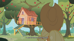 Size: 640x355 | Tagged: safe, screencap, applejack, g4, apple tree, clubhouse, crusaders clubhouse, tree, youtube caption