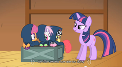 Size: 640x355 | Tagged: safe, edit, edited screencap, screencap, apple bloom, scootaloo, sweetie belle, twilight sparkle, pony, unicorn, g4, caption, female, filly, foal, horn, mare, text, youtube caption