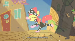 Size: 640x355 | Tagged: safe, edit, edited screencap, screencap, apple bloom, earth pony, pony, g4, the show stoppers, caption, clothes, eyes closed, female, filly, foal, skull, solo, stage, stars, text, youtube caption