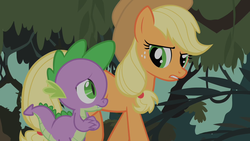 Size: 1280x720 | Tagged: safe, screencap, applejack, spike, dragon, earth pony, pony, feeling pinkie keen, g4, baby, baby dragon, duo, everfree forest, female, male, walking