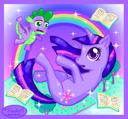 Size: 650x607 | Tagged: safe, artist:princess-peachie, spike, twilight sparkle, dragon, pony, unicorn, g4, book, cute, looking at you, rainbow, tree, twiabetes, unicorn twilight, vector